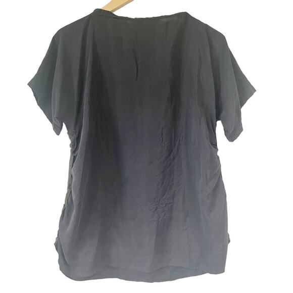 DUST Black Silk Blouse Ruched Roughed Side Hems Fringe Neckline - Picture 4 of 4